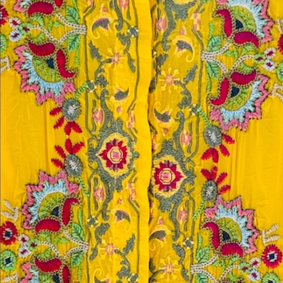 Long Sleeve Johnny Was Yellow 100% Silk Button Down Embroidered Blouse - Picture 2 of 9